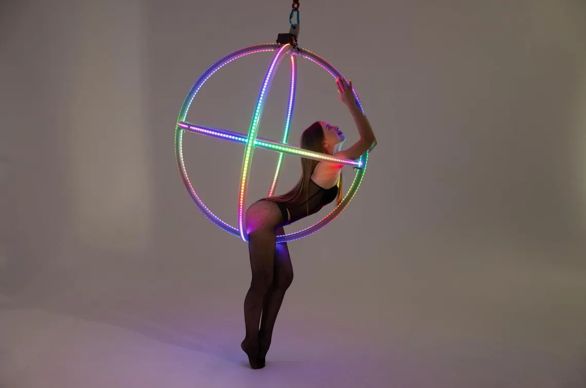 LED Lyra Sphere – 3 Circles - Collapsible Aerial Hoop with Bluetooth-Controlled Pixel LEDs