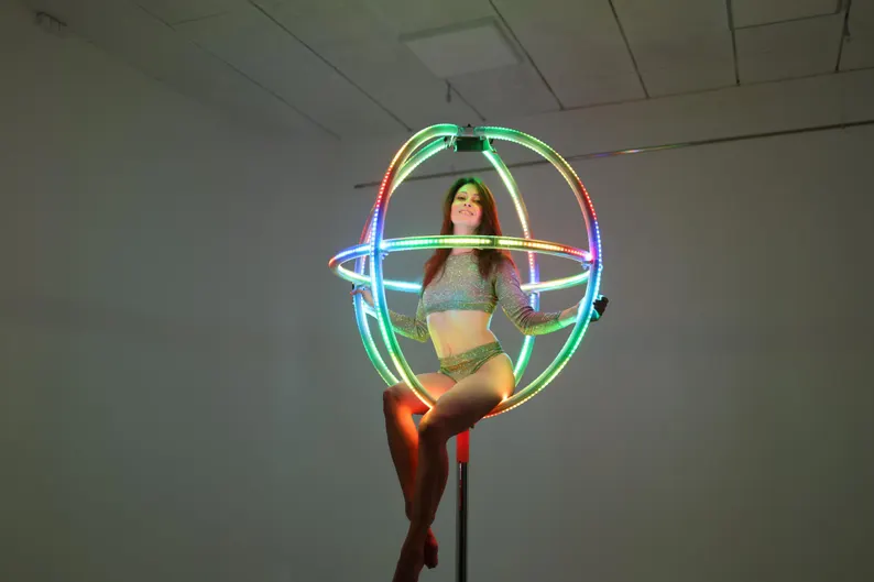 LED Lyra Sphere for xpole xstage – 3 Circles - Collapsible Aerial Hoop with Bluetooth-Controlled Pixel LEDs